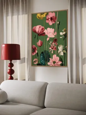 Plakat Green Florals - malarskie kwiaty w odcieniach różu, żółci i bieli na ciemnozielonym tle, artystyczne - obrazek 2