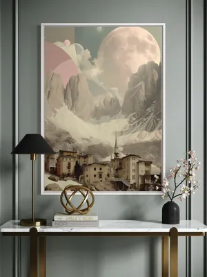 Plakat Celestial Hamlet - plakat surrealistyczny z górską wioską i pastelowymi planetami - obrazek 2
