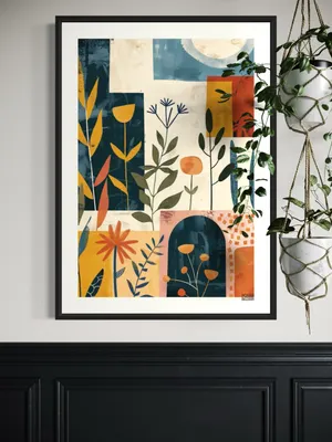Plakat Retro Botanical - kolorowa abstrakcyjna grafika kwiatowa i liściasta - obrazek 3