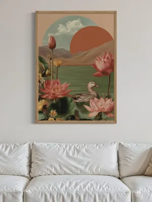 Plakat Lotus Lake Mirage - surrealistyczny plakat z kaczką i kwiatami lotosu nad jeziorem - obrazek 3