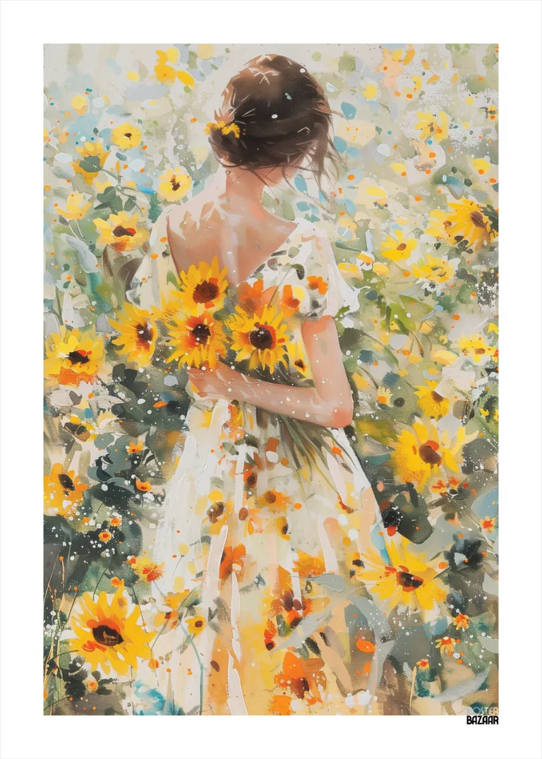 Sunflower Dream — dziewczyna w sukience w morzu słoneczników w akwarelowym stylu