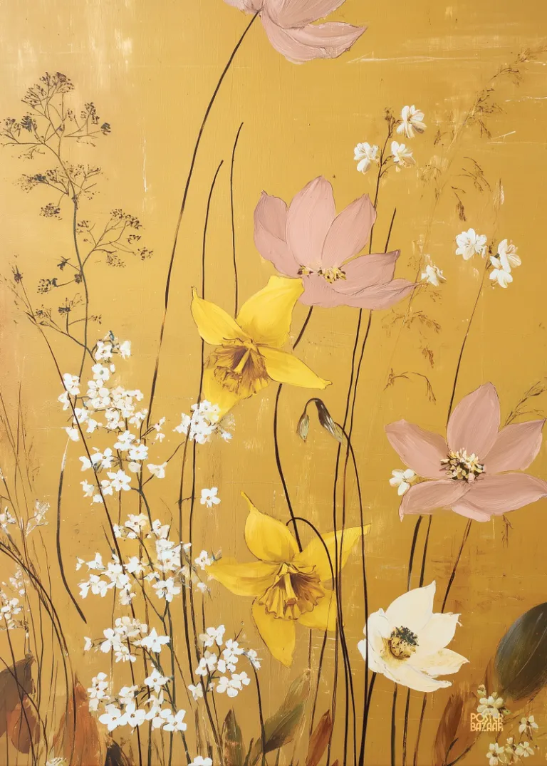 Golden Petals — delikatne malarskie kwiaty, narcyzy złote, różowe na tle vintage