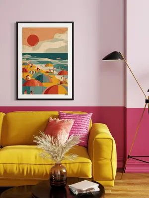 Plakat Summer Beach - plaża z kolorowymi parasolami i czerwonym słońcem w stylu retro - obrazek 3