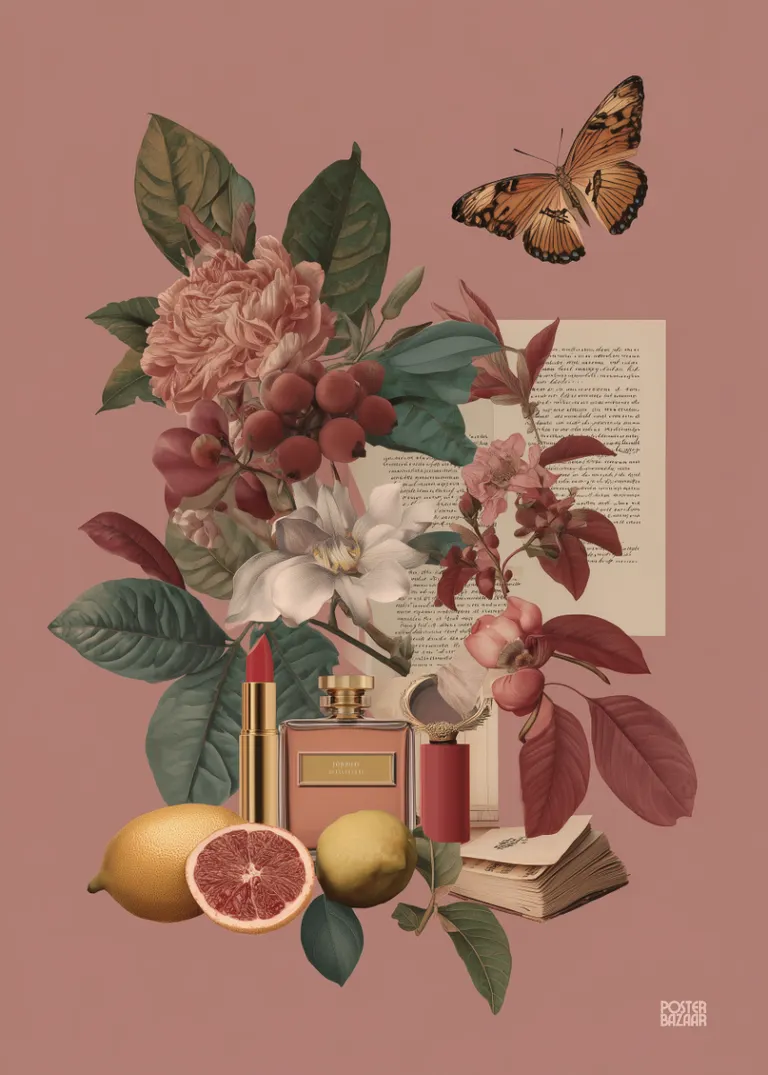 Botanical Beauty — kolaż kwiatów cytrusów motyla kosmetyków na różowym tle