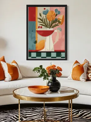 Plakat Cocktail Bloom - kieliszek koktajlowy z bukietem abstrakcyjnych kwiatów, geometryczne tło - obrazek 3