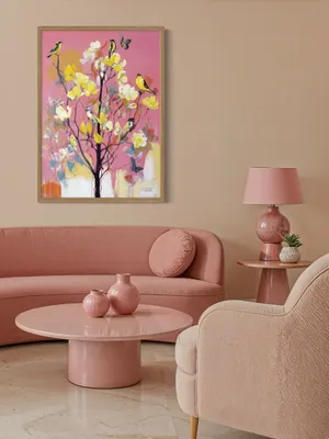 Plakat Pink Floral Birds - ptaki na drzewie malowane różowym tle, żółte kwiaty dodają życia - obrazek 3