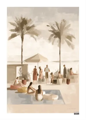 Plakat Palm Poolside - relaks przy basenie, palmy, pastelowe kolory, malarski styl