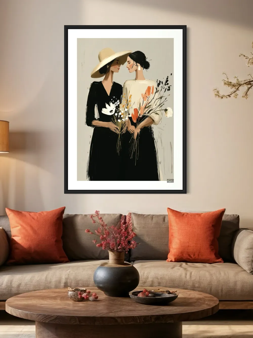 Plakat Whispered Blooms - dwie kobiety z bukietami polnych kwiatów w stonowanych kolorach - obrazek 2
