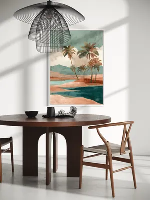 Plakat Palm Escape - plakat z palmami nad spokojna woda w pastelowych kolorach - obrazek 2