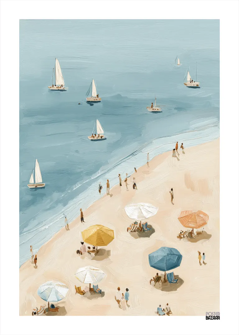 Sailing Beach — plaża z kolorowymi parasolami i żaglówkami na morzu