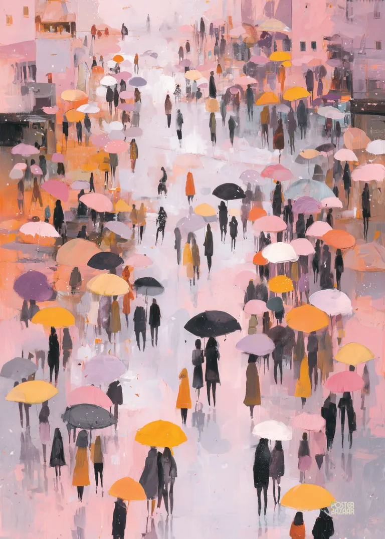 Umbrella Crowd — kolorowy tłum ludzi z parasolami na miejskiej ulicy