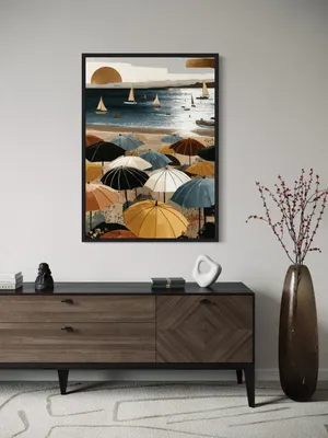 Plakat Sailboat Beach - plażowe parasole i żaglówki w letnim klimacie - obrazek 2