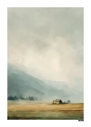 Plakat Misty Valley - domek w dolinie z zamglonymi wzgórzami