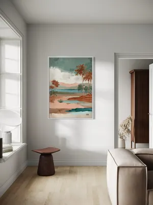 Plakat Tropical Escape - plamy na tle laguny w pastelowych odcieniach - obrazek 2