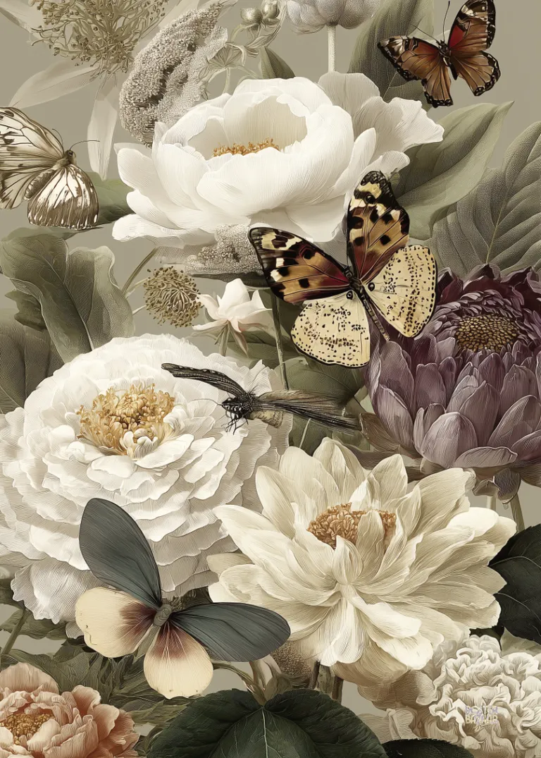 Butterfly Reverie — delikatne motyle i kremowe kwiaty w stylu botanicznym