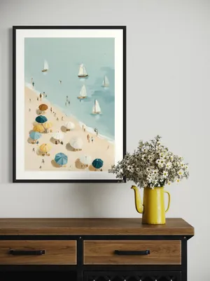 Plakat Sailboats Beach - plaża z parasolami i żaglówkami - obrazek 2
