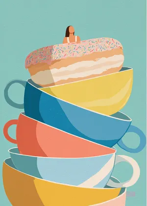 Plakat Sprinkle Escape - pastelowa wieża filiżanek z różową donutką