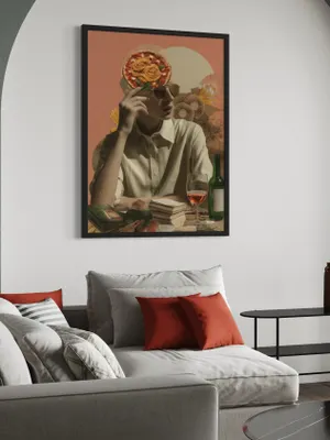 Plakat Pasta Mindset - surrealistyczna pizza, spaghetti, bazylią, książki, wino - obrazek 2