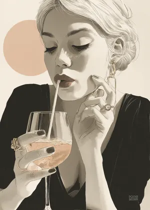 Plakat Sip of Elegance - portret kobiety pijącej różowy napój z gracją