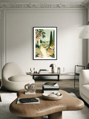 Plakat Mediterranean Garden - słoneczny ogród śródziemnomorski z domem, cyprysami, pastelowe kolory - obrazek 3