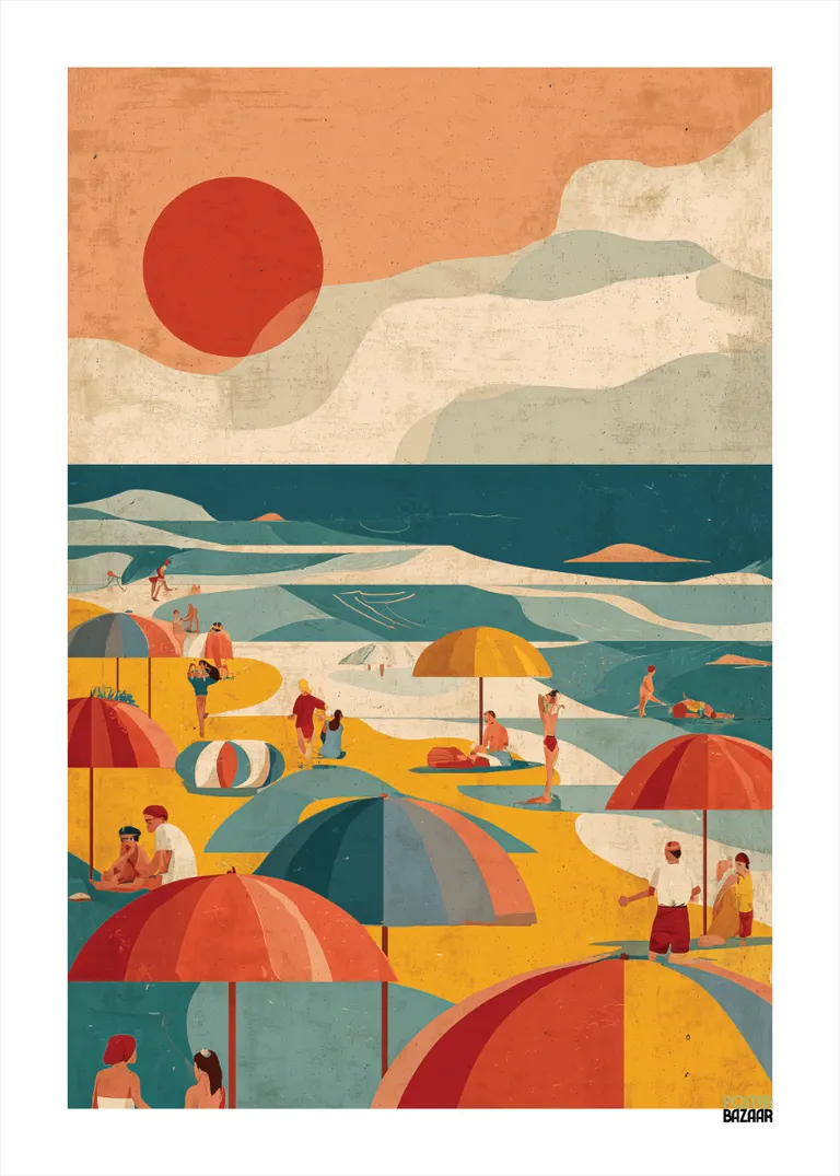 Summer Beach — plaża z kolorowymi parasolami i czerwonym słońcem w stylu retro