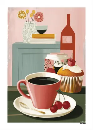 Plakat Coffee Break - filiżanka kawy z wiśniami i babeczką w pastelowym stylu