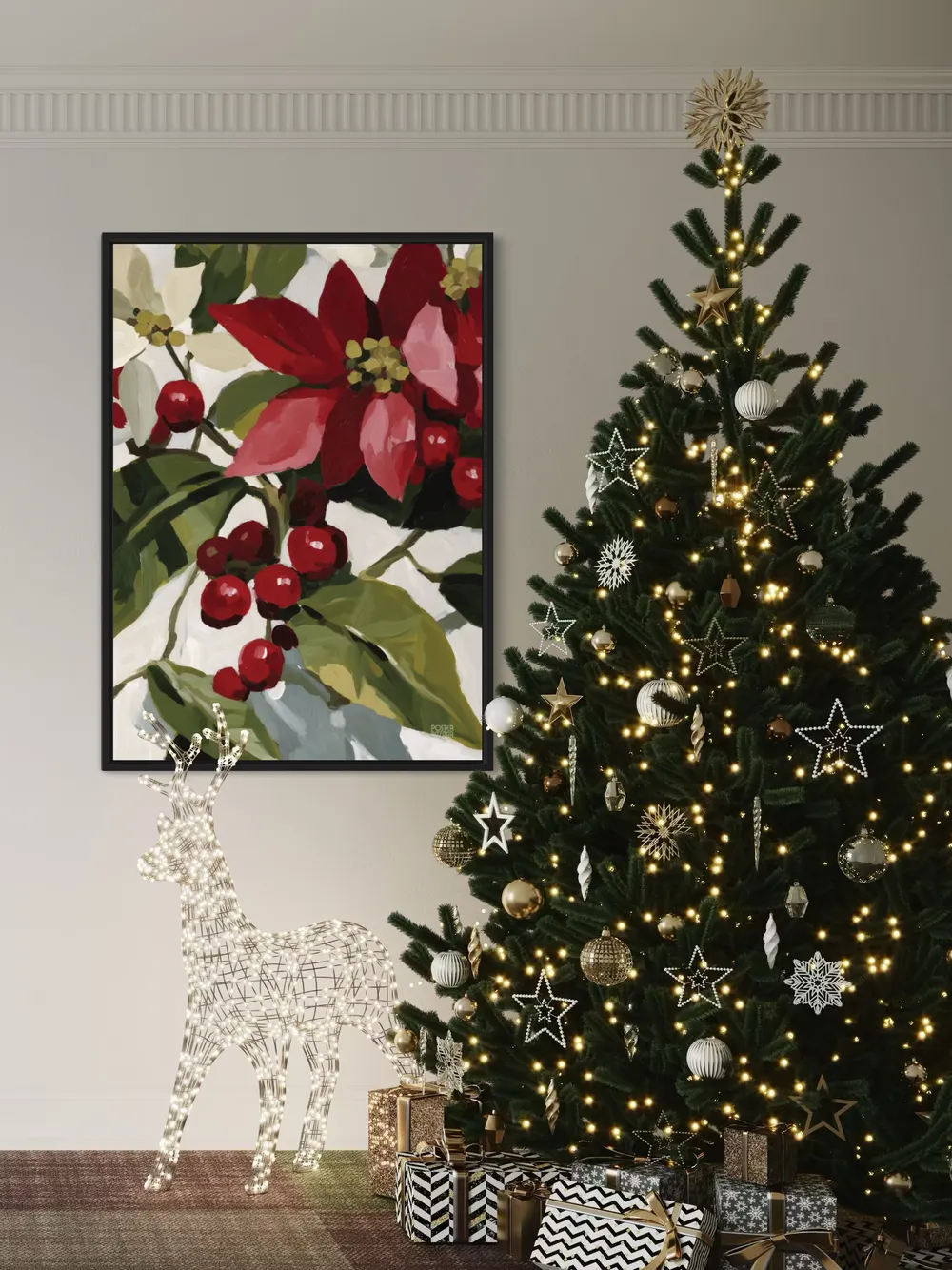 Plakat Crimson Garland - świąteczna kompozycja z czerwonymi kwiatami i jagodami - obrazek 2