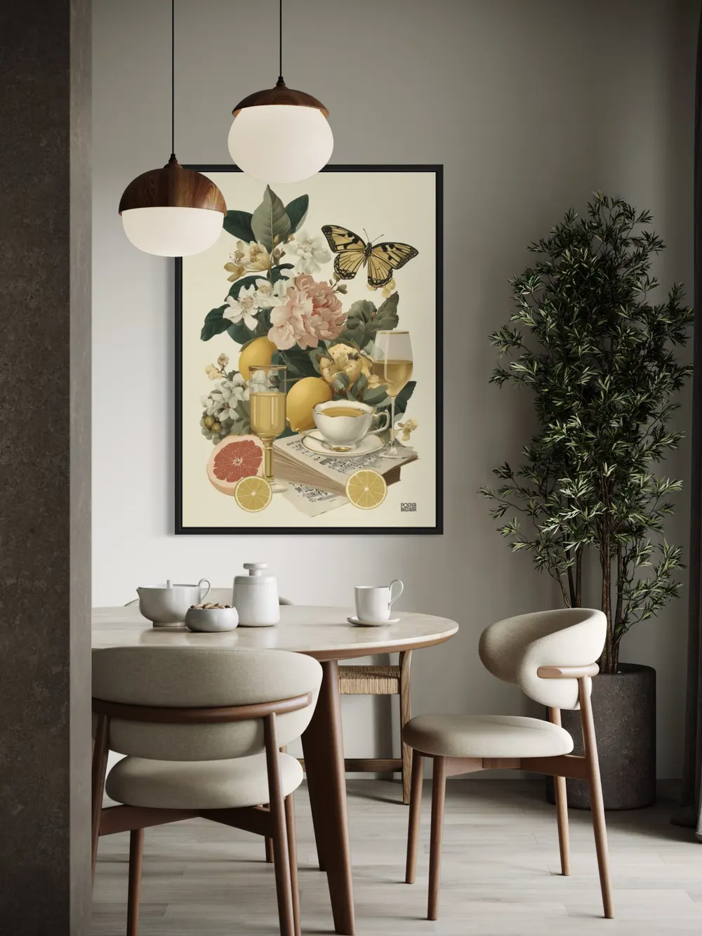 Plakat Butterfly Citrus - żółty motyl nad kwiatami i cytrusami w jasnych kolorach - obrazek 2