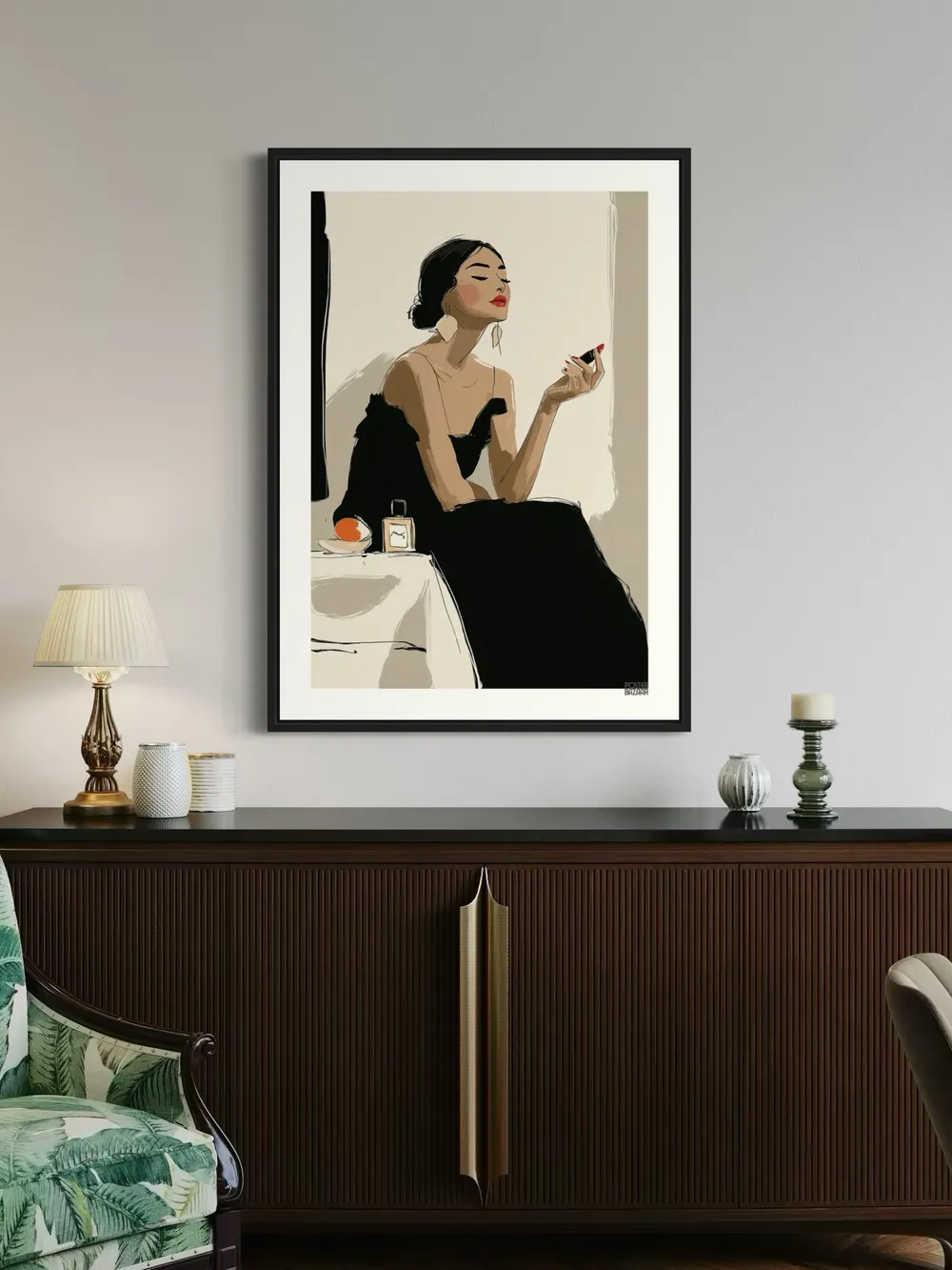 Plakat Chic Ritual - elegancka kobieta w czarnej sukni z czerwonym akcentem - obrazek 3