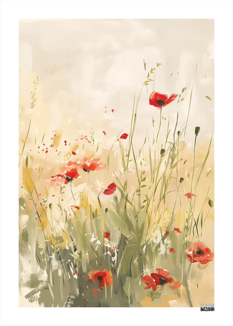 Poppy Field — delikatne czerwone maki na kremowej łące w akwarelowym stylu
