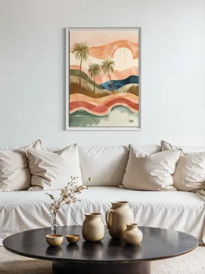 Plakat Tropical Sunset - pastelowy krajobraz z palmami - obrazek 2