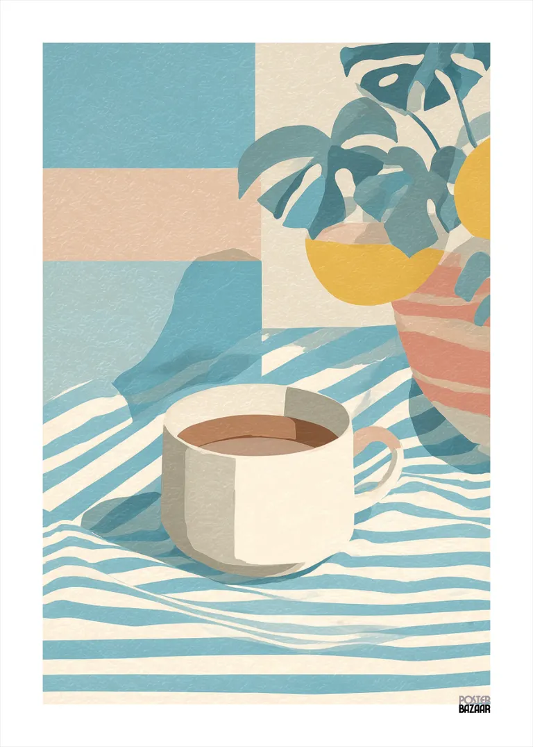 Morning Coffee — filiżanka kawy na pastelowym, pasiastym obrusie