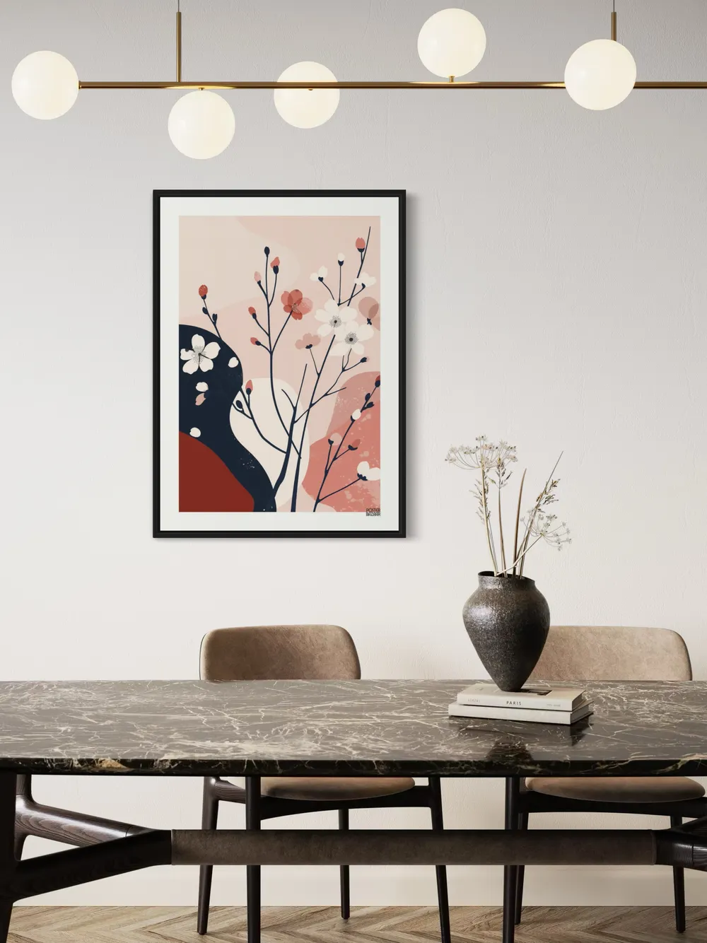 Plakat Petal Dance - delikatne abstrakcyjne gałązki z kwiatami na pastelowym tle - obrazek 2