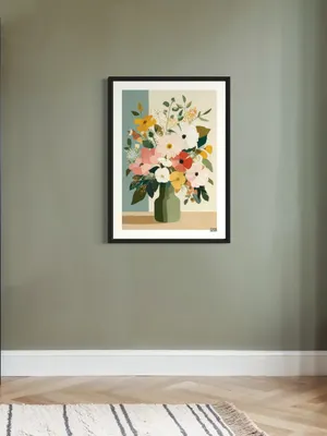Plakat Blooming Joy - kolorowe kwiaty w zielonym wazonie - obrazek 2