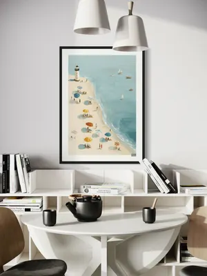 Plakat Beach Lighthouse - spokojna plaża z latarnią morską i żaglówkami - obrazek 3