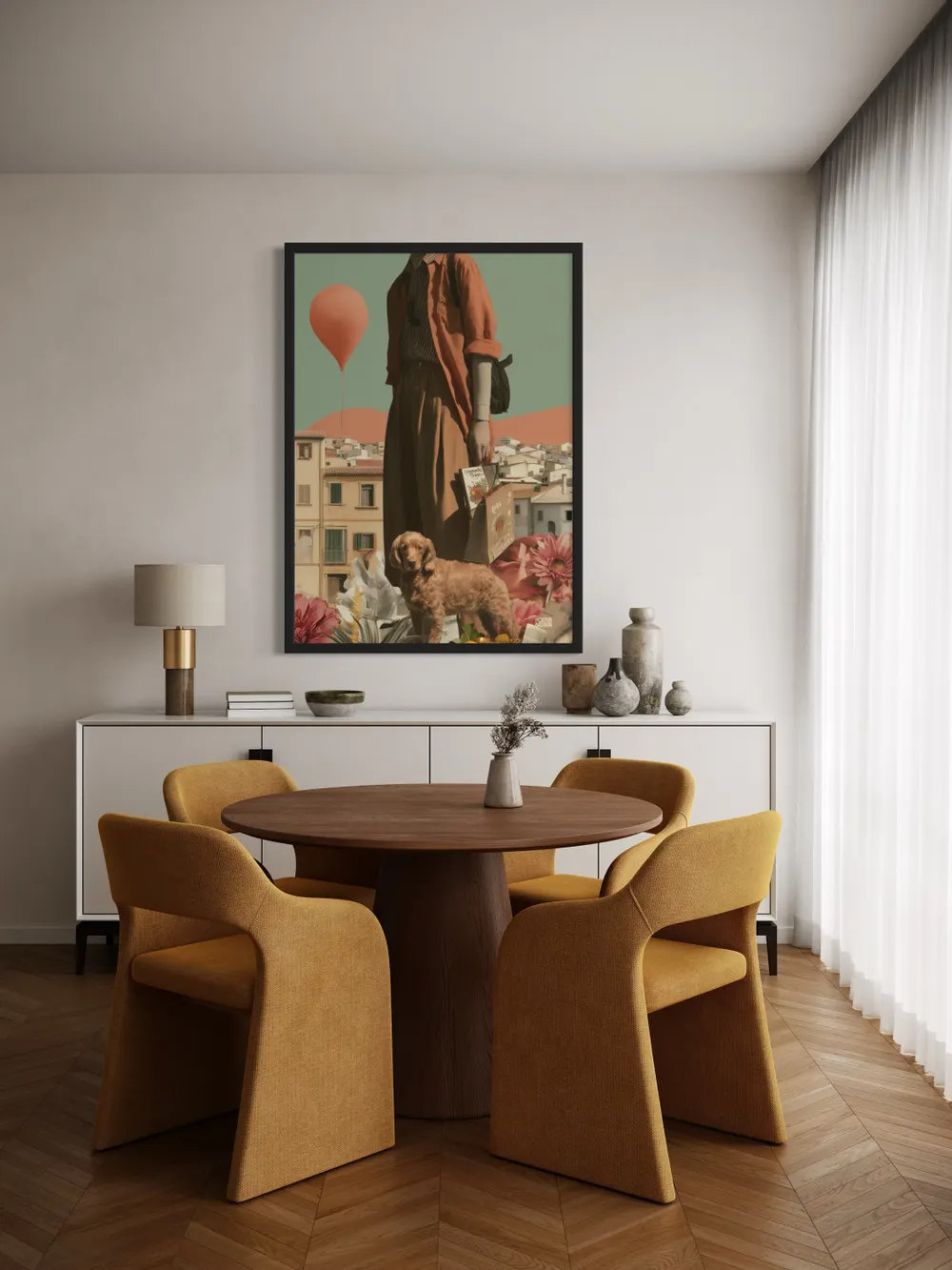 Plakat Balloon Stroll - pastelowe miasteczko z czerwonym balonem i psem - obrazek 3