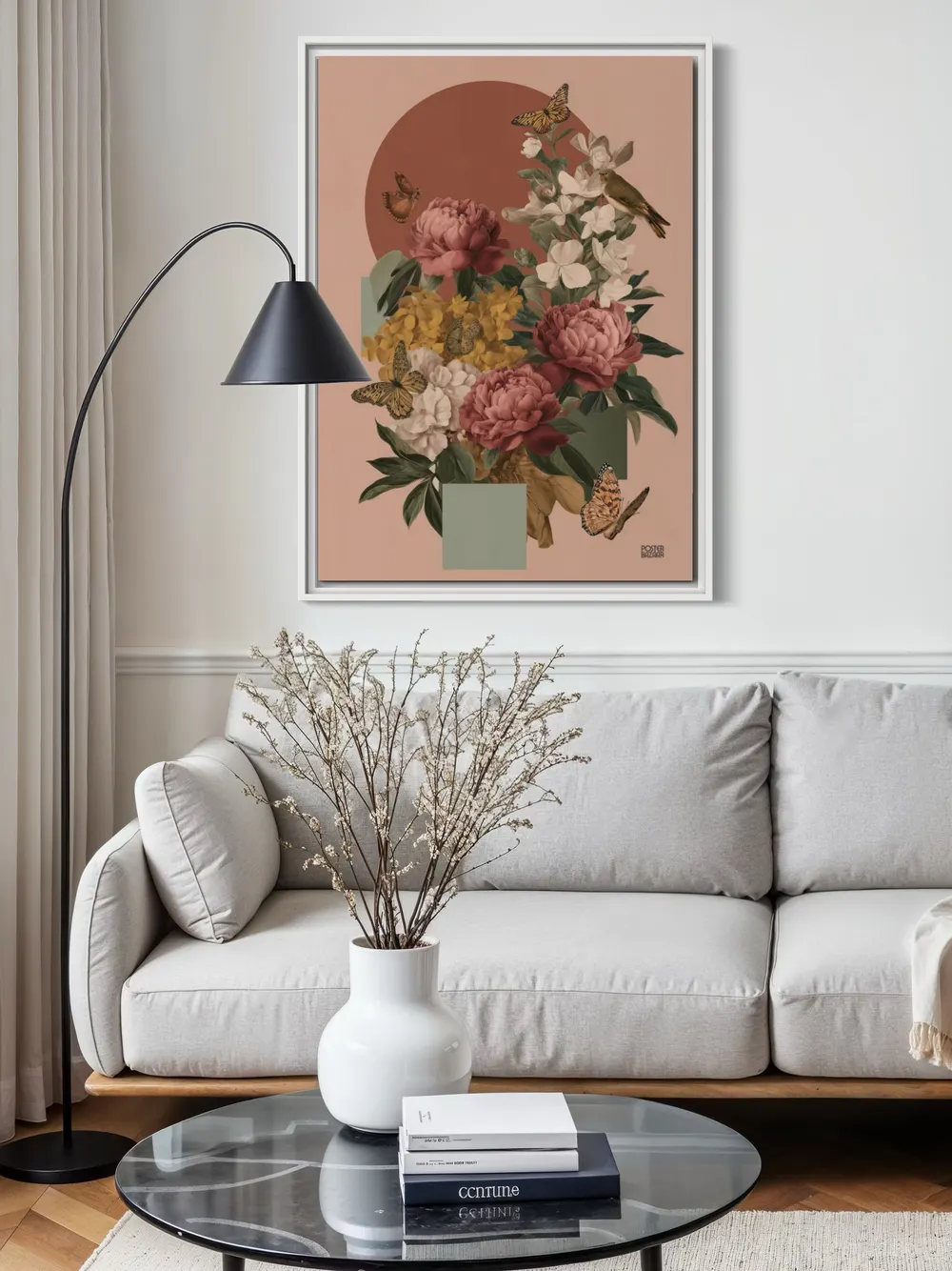 Plakat Peony Garden - piwonie w rozowych i bordowych odcieniach z motylami i ptakiem - obrazek 2