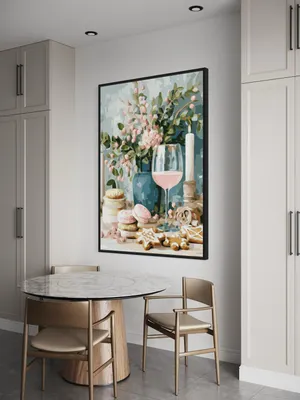 Plakat Pastel Treats - elegancka kompozycja wina, ciasteczek i kwiatów - obrazek 3
