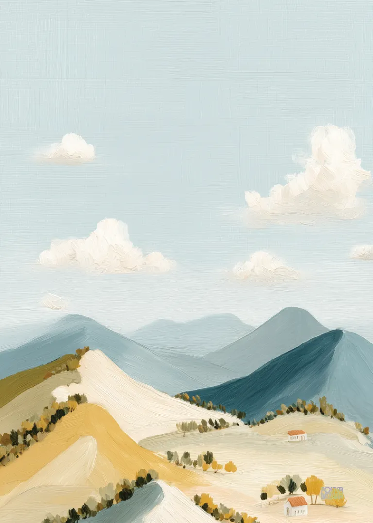 Pastel Hills — pastelowy krajobraz górski z domkami w dolinie