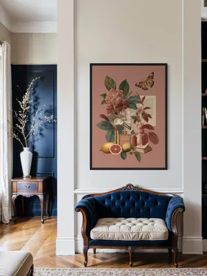 Plakat Botanical Beauty - kolaż kwiatów cytrusów motyla kosmetyków na różowym tle - obrazek 2