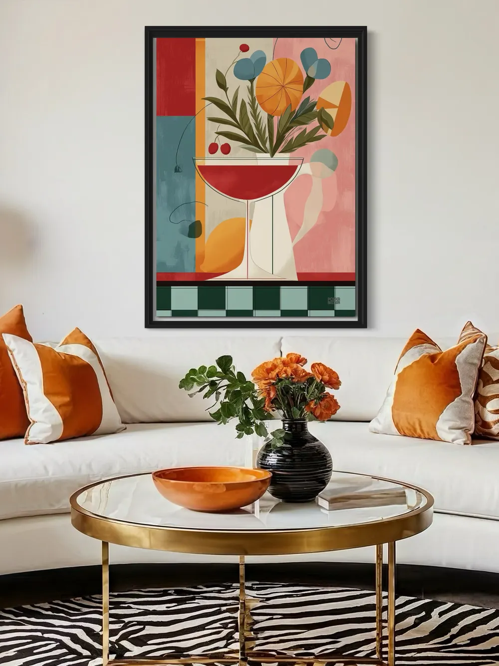 Plakat Cocktail Bloom - kieliszek koktajlowy z bukietem abstrakcyjnych kwiatów, geometryczne tło - obrazek 3