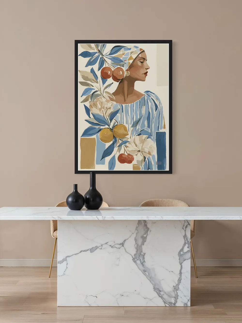 Plakat Citrus Muse - portret kobiety w chustce z cytrynami i wiśniami - obrazek 3