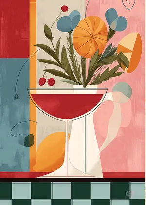 Plakat Cocktail Bloom - kieliszek koktajlowy z bukietem abstrakcyjnych kwiatów, geometryczne tło
