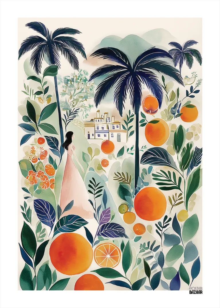 Citrus Paradise — kobieta w różowej sukni wśród palm i pomarańczy