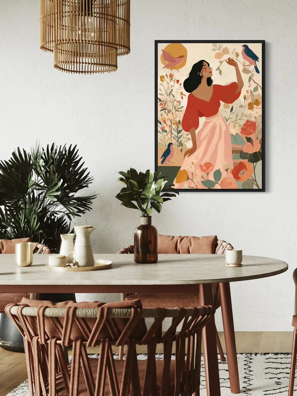 Plakat Rosebird Garden - kobieta wśród kwiatów i ptaków, pastelowe barwy, romantyczny nastrój - obrazek 2