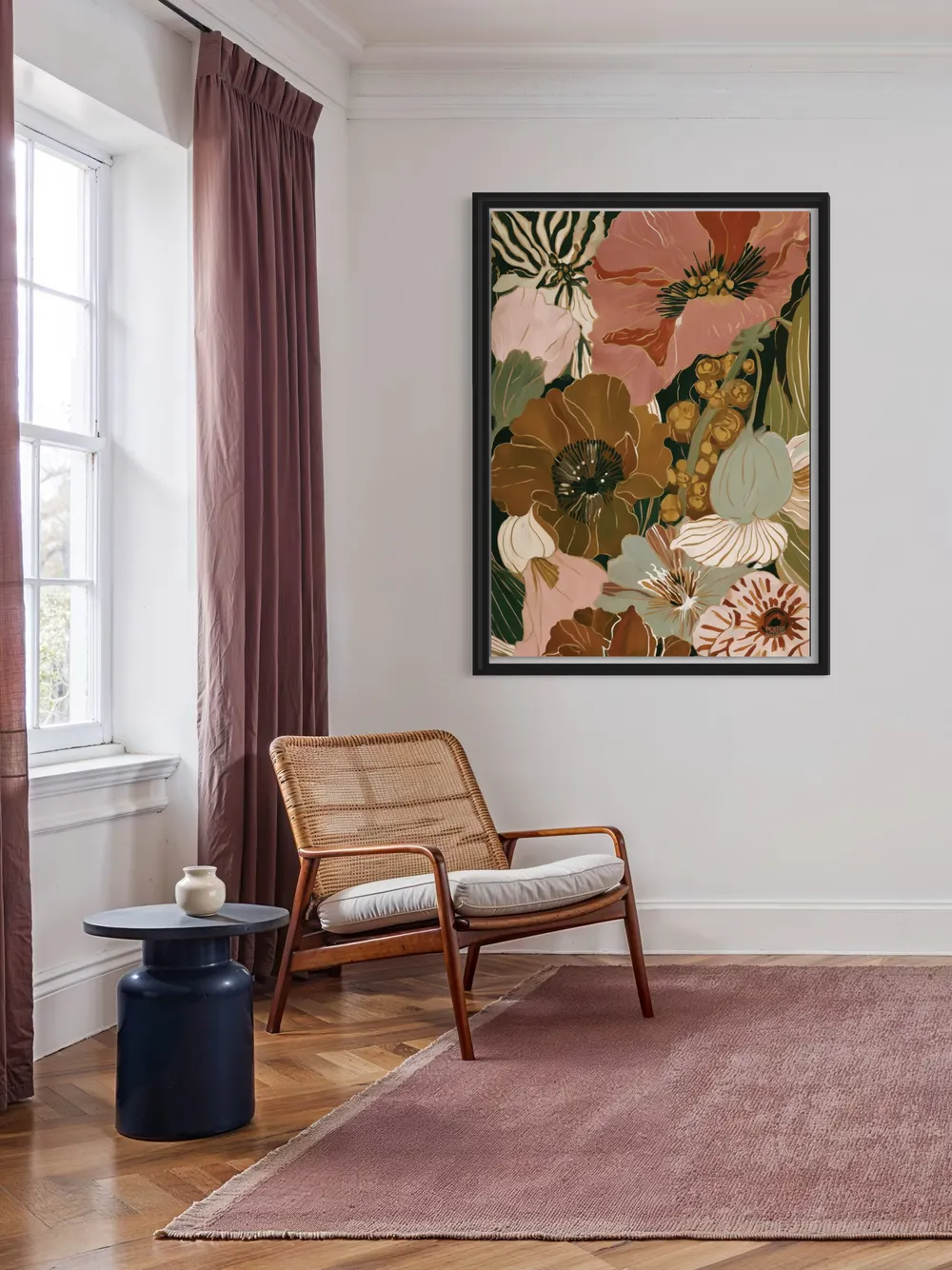 Plakat Autumn Petals - duże malarskie kwiaty w brązach, różu i kremie na ciemnej zieleni - obrazek 3
