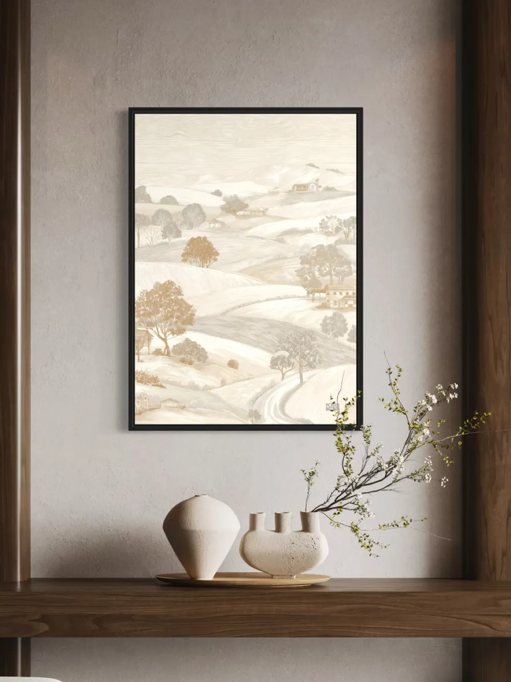 Plakat Countryside Whispers - delikatny krajobraz wiejskich wzgórz, pastelowa tonacja, szkicowy styl - obrazek 2