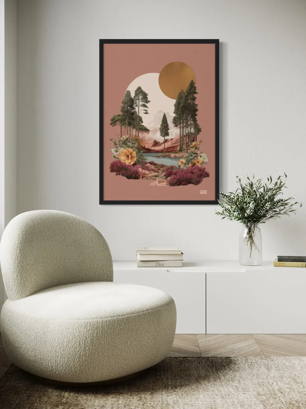 Plakat Sunset Mirage - surrealistyczny krajobraz z sosnami, kwiatami, jeziorem i górami w różu - obrazek 2
