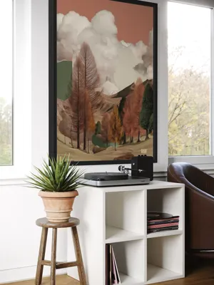 Plakat Crimson Hillside - jesienny krajobraz z czerwonymi drzewami i różowym niebem - obrazek 3