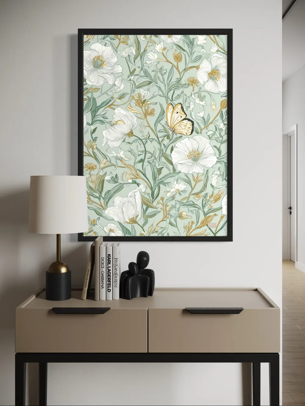Plakat Mint Petals - delikatne biale kwiaty zielone liscie motyl - obrazek 3